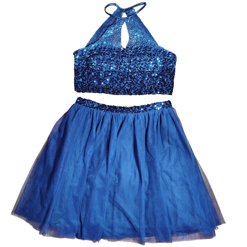 Haute Nites Navy Blue‎ Sequin Halter Crop Top Tulle Skirt Set Women Size 7 twee